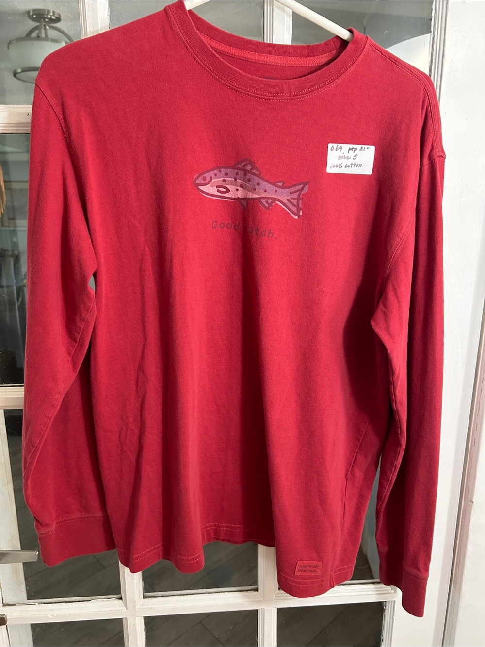 O69. Life Is Good Red Long-Sleeve Tee with Fish Graphic
